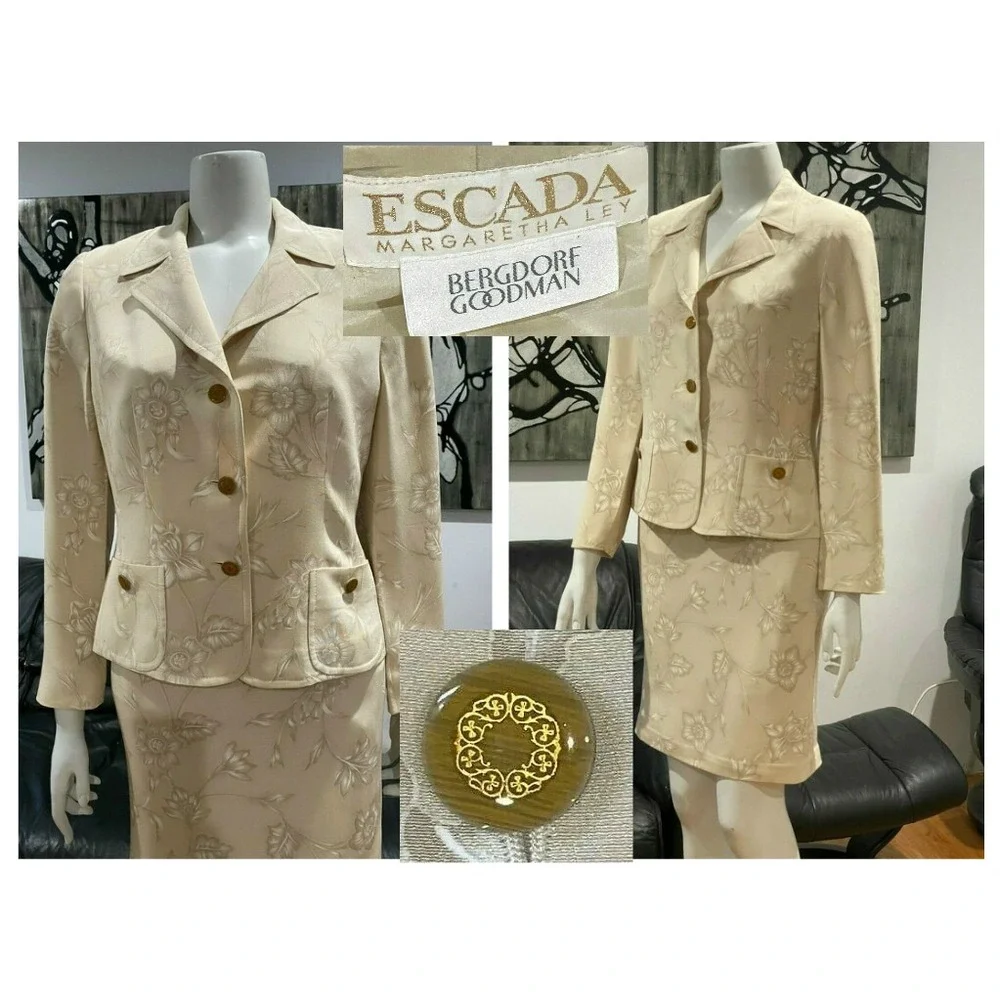 ESCADA MARGARETHA LEY VINTAGE SILK FLORAL BEIGE JACKET SKIRT SUIT 38 8 🌸
